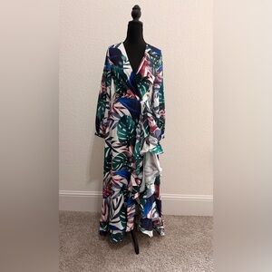 Elegant Multicolor Leaf Print Maxi Dress Asymmetrical Hem- BOHO CHIC